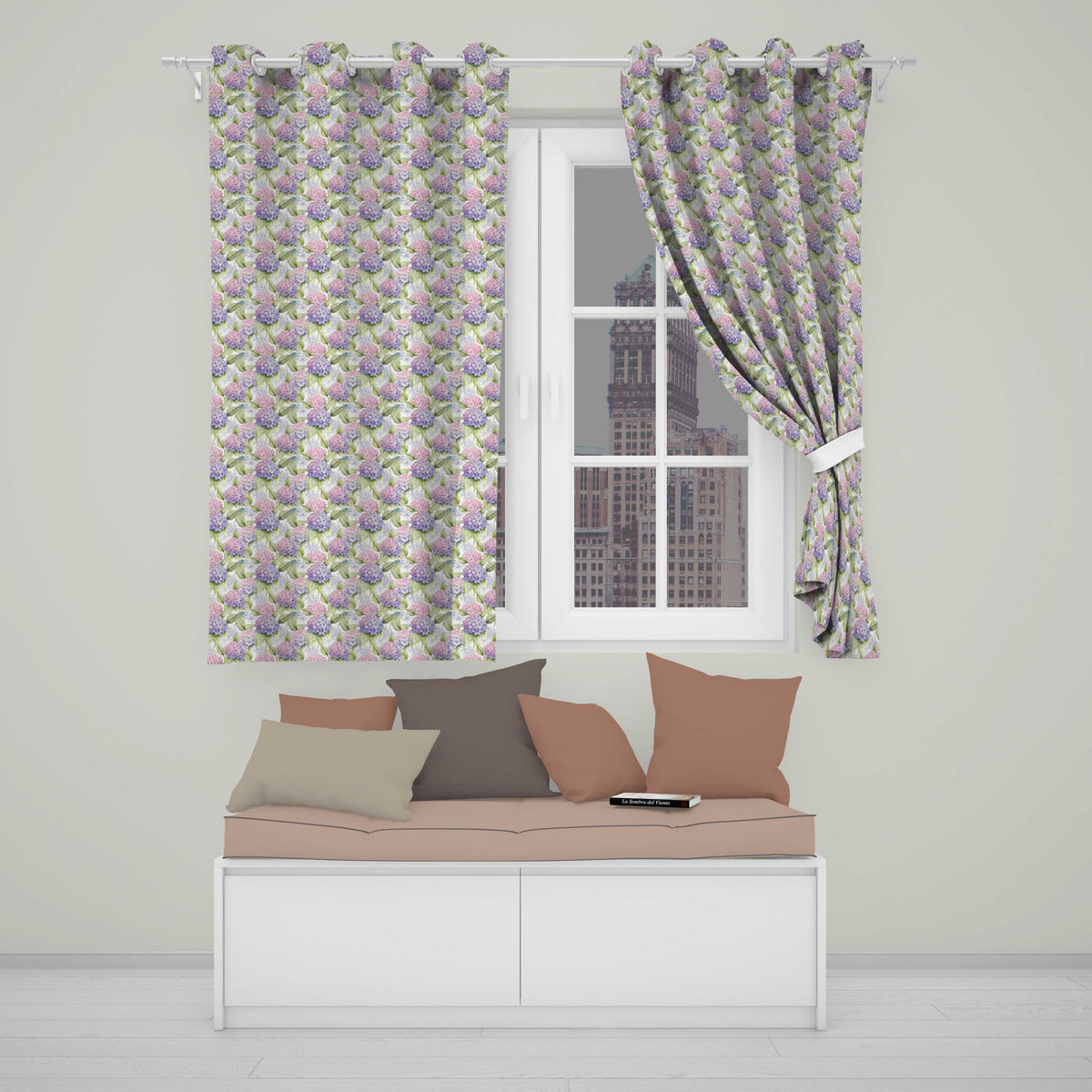 Soft Pastel Purple Pink Hydrangea Floral Seamless Pattern  Readymade Eyelet Ring Top Thermal 100% Blackout Curtains