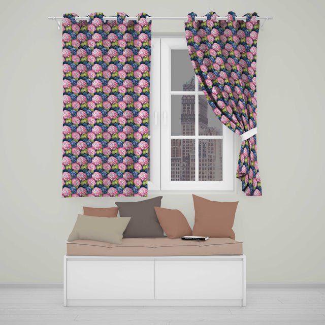 Pink and Blue Hydrangea Floral Seamless Pattern Dark Background  Readymade Eyelet Ring Top Thermal 100% Blackout Curtains