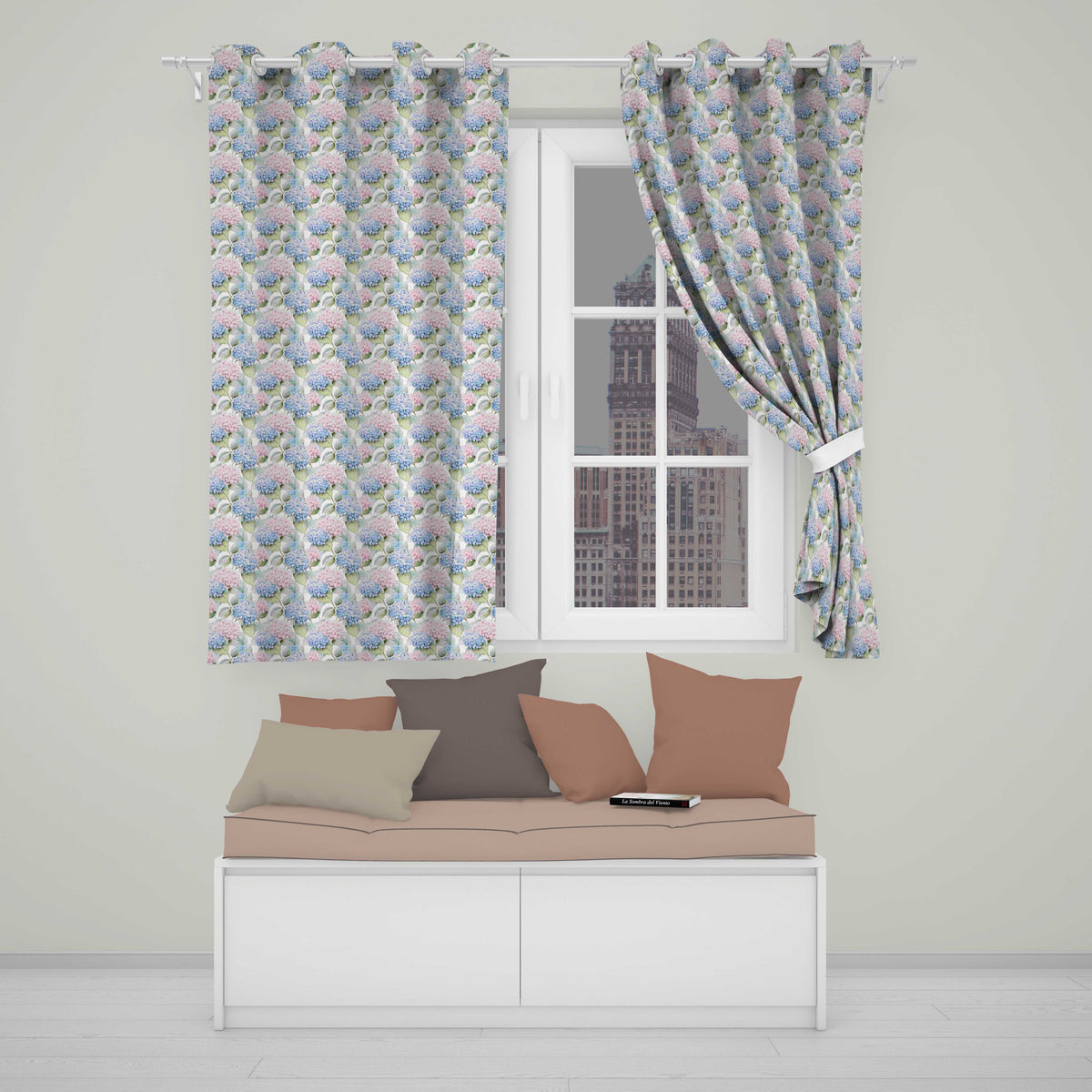 Pastel Blue and Pink Hydrangea Floral Seamless Pattern  Readymade Eyelet Ring Top Thermal 100% Blackout Curtains