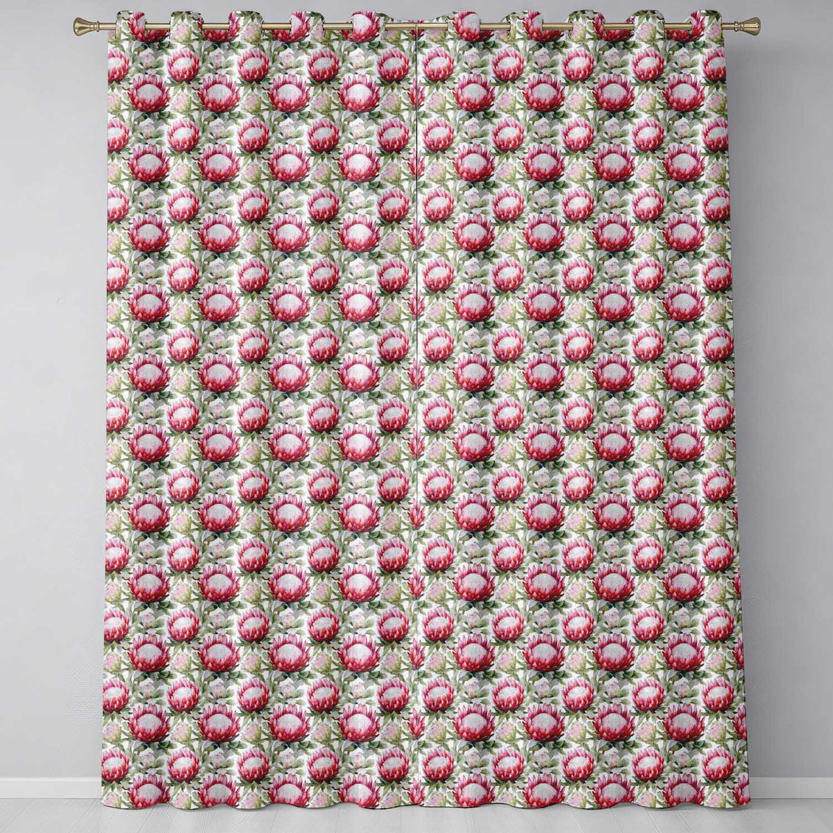 Bold Red Protea Flowers and Foliage Seamless Pattern  Readymade Eyelet Ring Top Thermal 100% Blackout Curtains