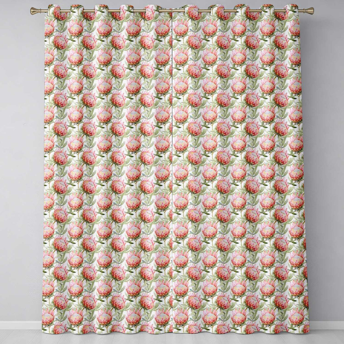 Soft Pink Protea Flowers and Green Leaves Seamless Pattern  Readymade Eyelet Ring Top Thermal 100% Blackout Curtains