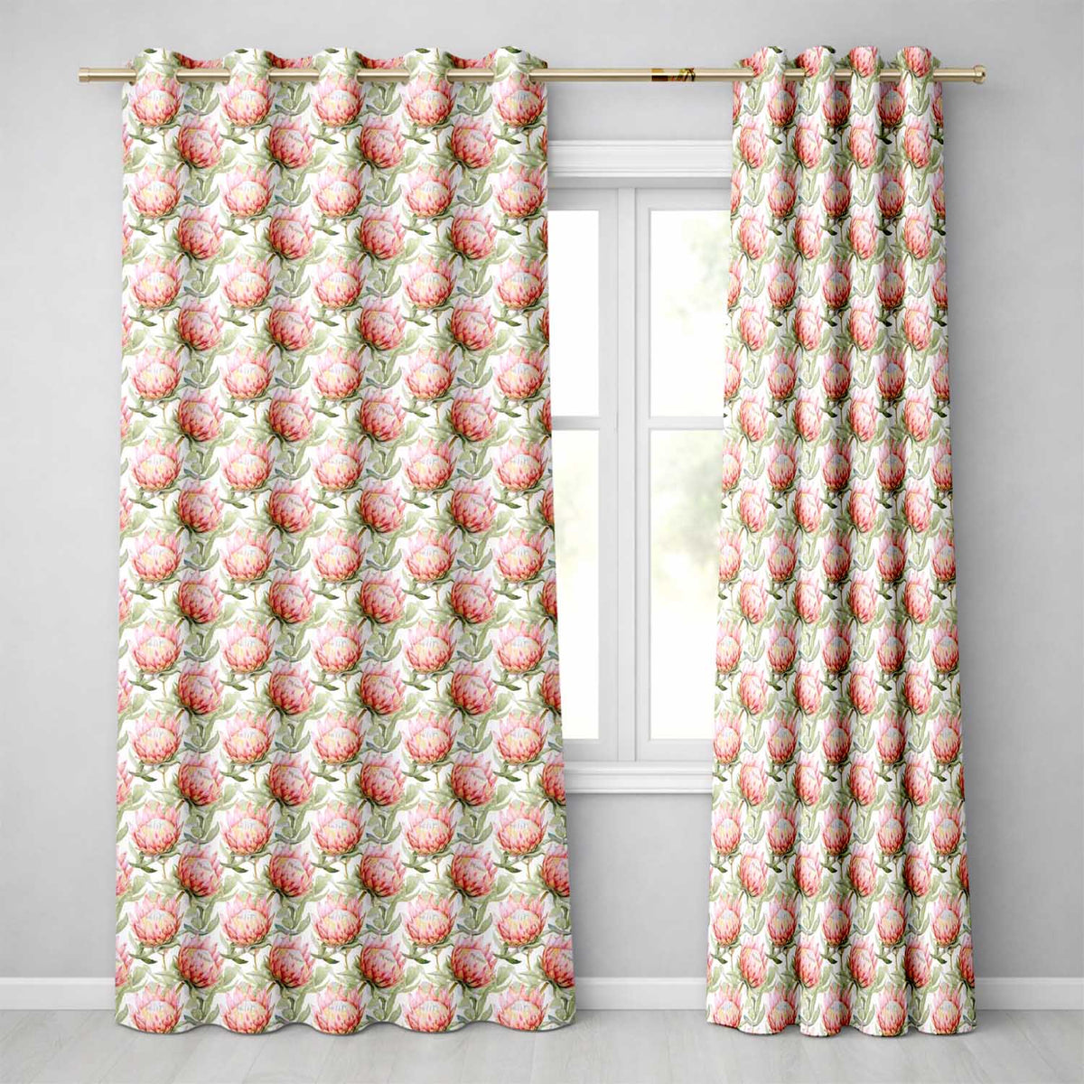 Soft Pink Protea Flowers and Green Leaves Seamless Pattern  Readymade Eyelet Ring Top Thermal 100% Blackout Curtains