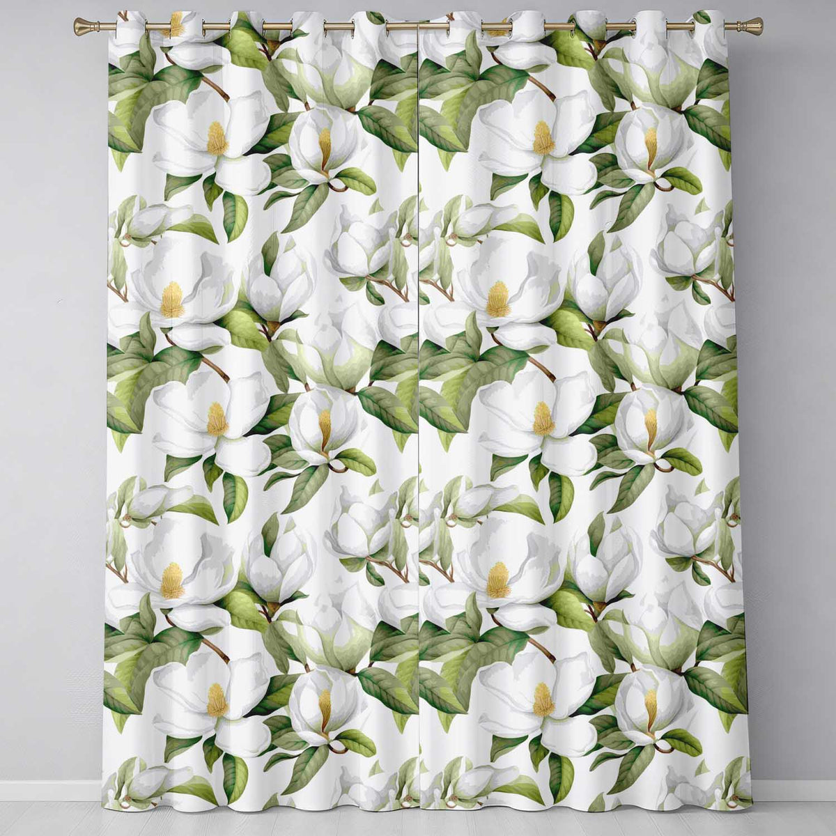 Elegant White Magnolia Flowers and Green Leaves Seamless Pattern  Readymade Eyelet Ring Top Thermal 100% Blackout Curtains