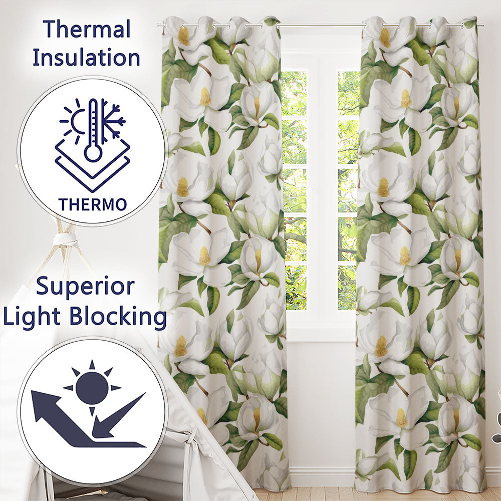 Elegant White Magnolia Flowers and Green Leaves Seamless Pattern  Readymade Eyelet Ring Top Thermal 100% Blackout Curtains