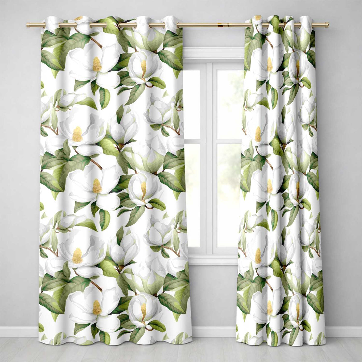 Elegant White Magnolia Flowers and Green Leaves Seamless Pattern  Readymade Eyelet Ring Top Thermal 100% Blackout Curtains