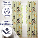 Cute BlackCat in Witch Hat with Bats and Stars Greenish Background Seamless Pattern  Readymade Eyelet Ring Top Thermal 100% Blackout Curtains
