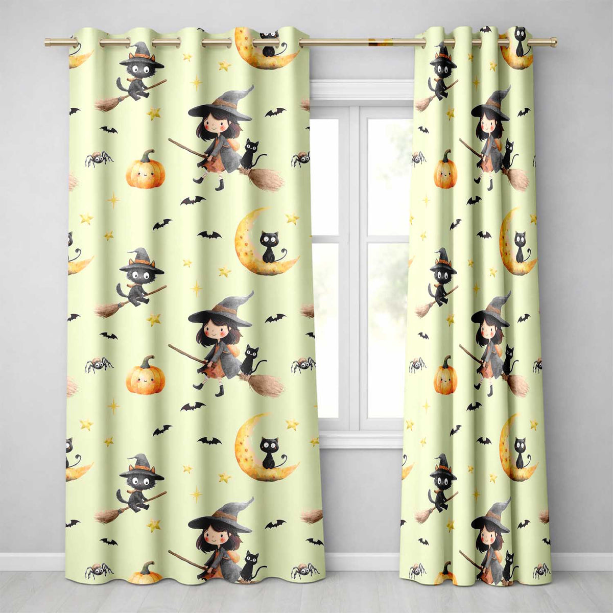 Cute BlackCat in Witch Hat with Bats and Stars Greenish Background Seamless Pattern  Readymade Eyelet Ring Top Thermal 100% Blackout Curtains