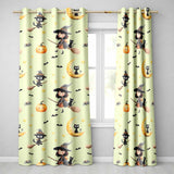 Cute BlackCat in Witch Hat with Bats and Stars Greenish Background Seamless Pattern  Readymade Eyelet Ring Top Thermal 100% Blackout Curtains