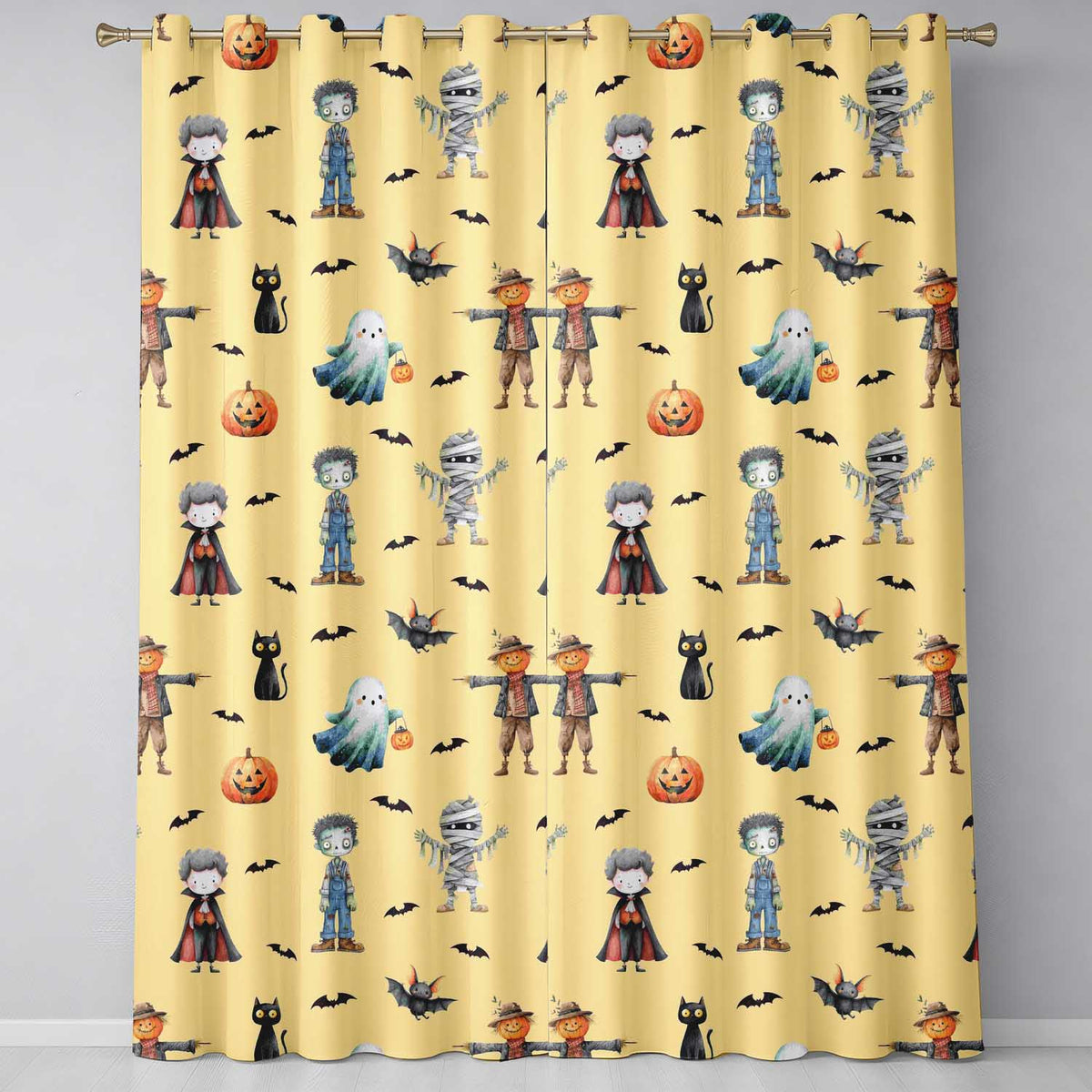 Halloween Zombie Mummy Vampire and Bat Characters Beige Background   Readymade Eyelet Ring Top Thermal 100% Blackout Curtains