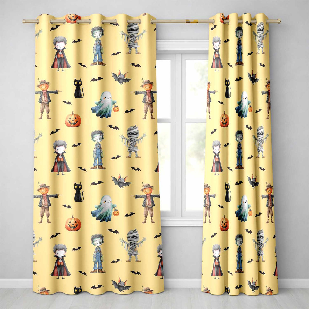 Halloween Zombie Mummy Vampire and Bat Characters Beige Background   Readymade Eyelet Ring Top Thermal 100% Blackout Curtains
