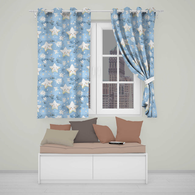 Cute Smiling Starfish with Soft Blue Floral Background Seamless Pattern  Readymade Eyelet Ring Top Thermal 100% Blackout Curtains