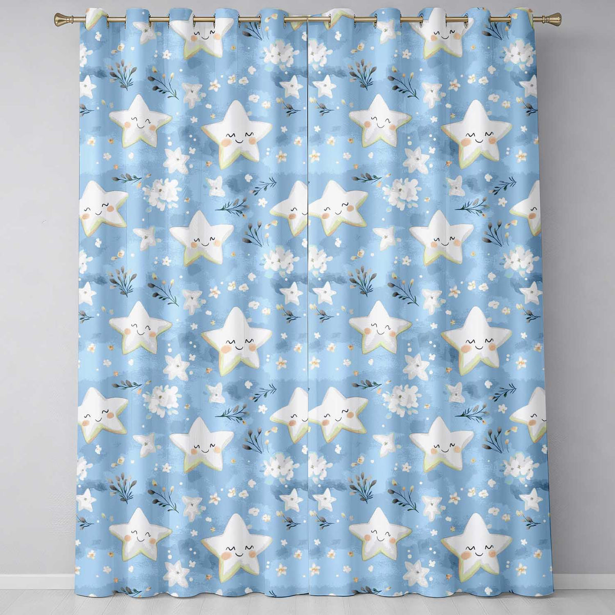 Cute Smiling Starfish with Soft Blue Floral Background Seamless Pattern  Readymade Eyelet Ring Top Thermal 100% Blackout Curtains