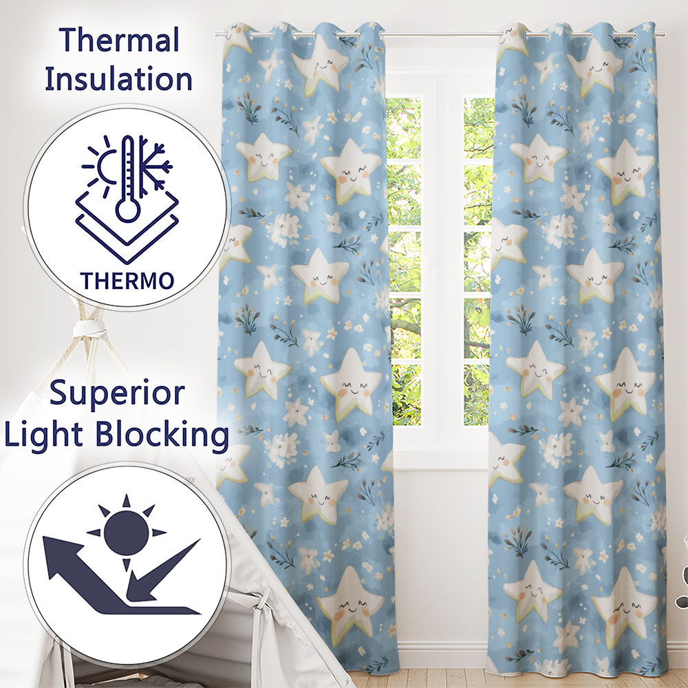 Cute Smiling Starfish with Soft Blue Floral Background Seamless Pattern  Readymade Eyelet Ring Top Thermal 100% Blackout Curtains