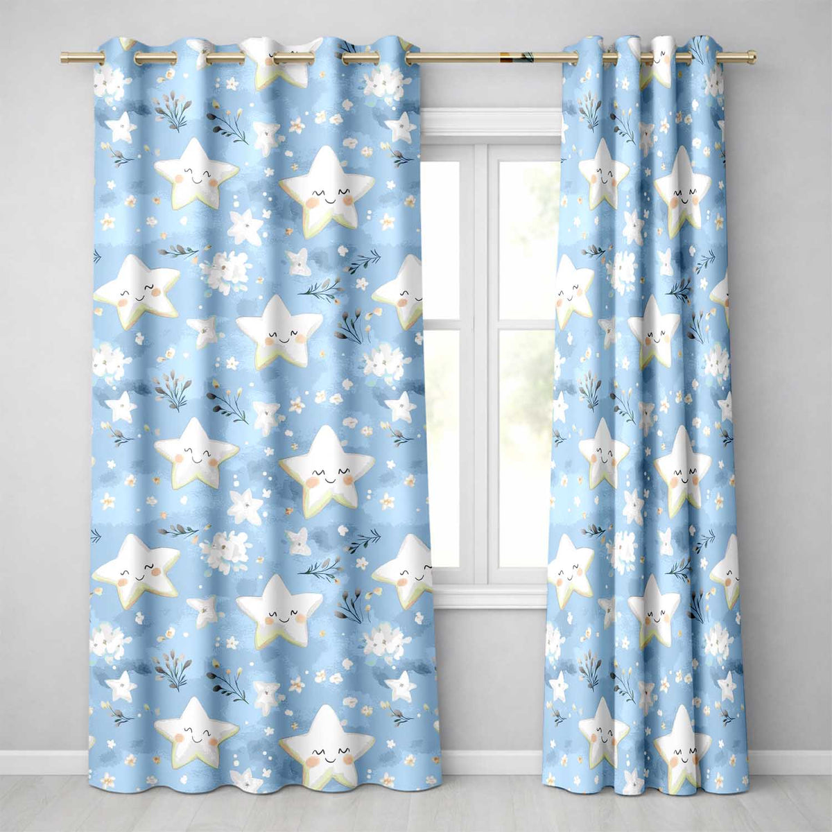 Cute Smiling Starfish with Soft Blue Floral Background Seamless Pattern  Readymade Eyelet Ring Top Thermal 100% Blackout Curtains