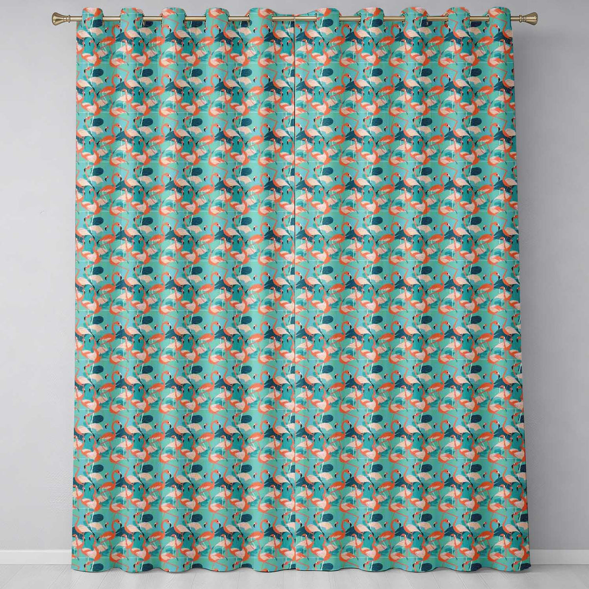Modern Flamingo Birds with Teal Tropical Leaves Seamless Pattern  Readymade Eyelet Ring Top Thermal 100% Blackout Curtains