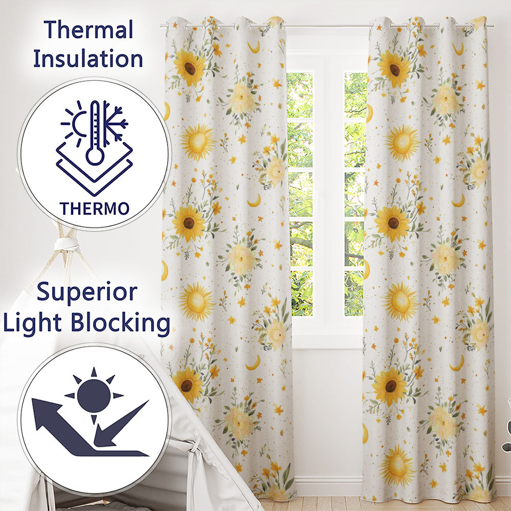 Yellow Sunflowers with Soft Botanical Background Seamless Pattern  Readymade Eyelet Ring Top Thermal 100% Blackout Curtains
