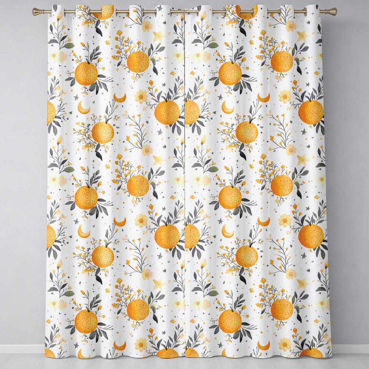 Fresh Oranges with Delicate Floral Botanical Pattern Seamless  Readymade Eyelet Ring Top Thermal 100% Blackout Curtains