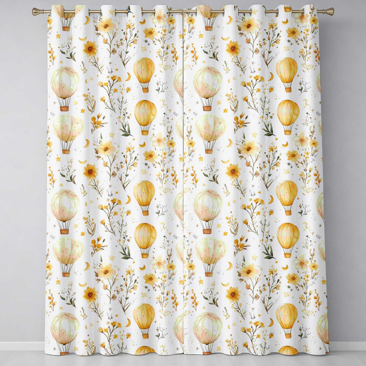 Vintage Hot Air Balloons with Yellow Floral Background Seamless Pattern  Readymade Eyelet Ring Top Thermal 100% Blackout Curtains