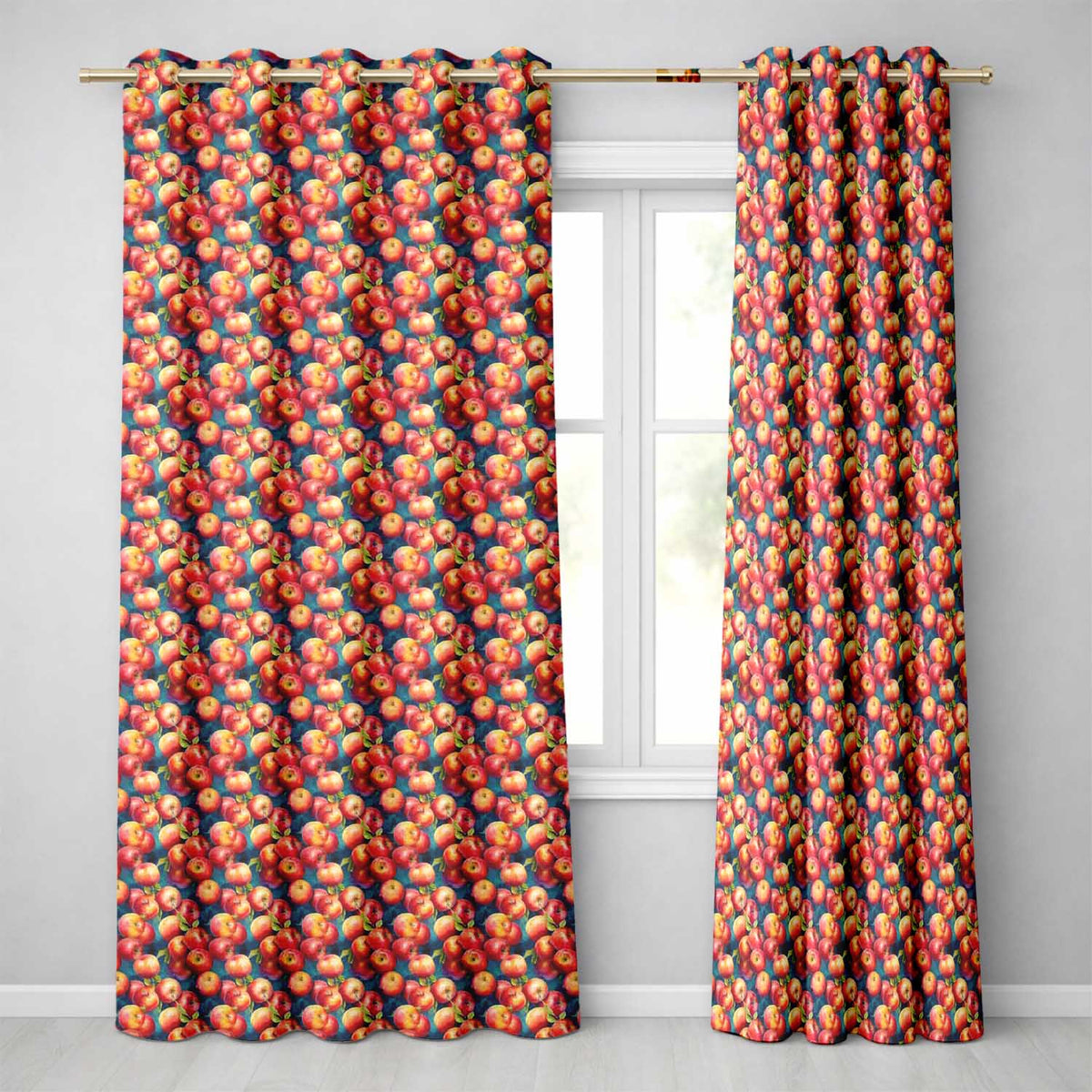 Watercolor Red Apples with Deep Blue Background Seamless Pattern  Readymade Eyelet Ring Top Thermal 100% Blackout Curtains