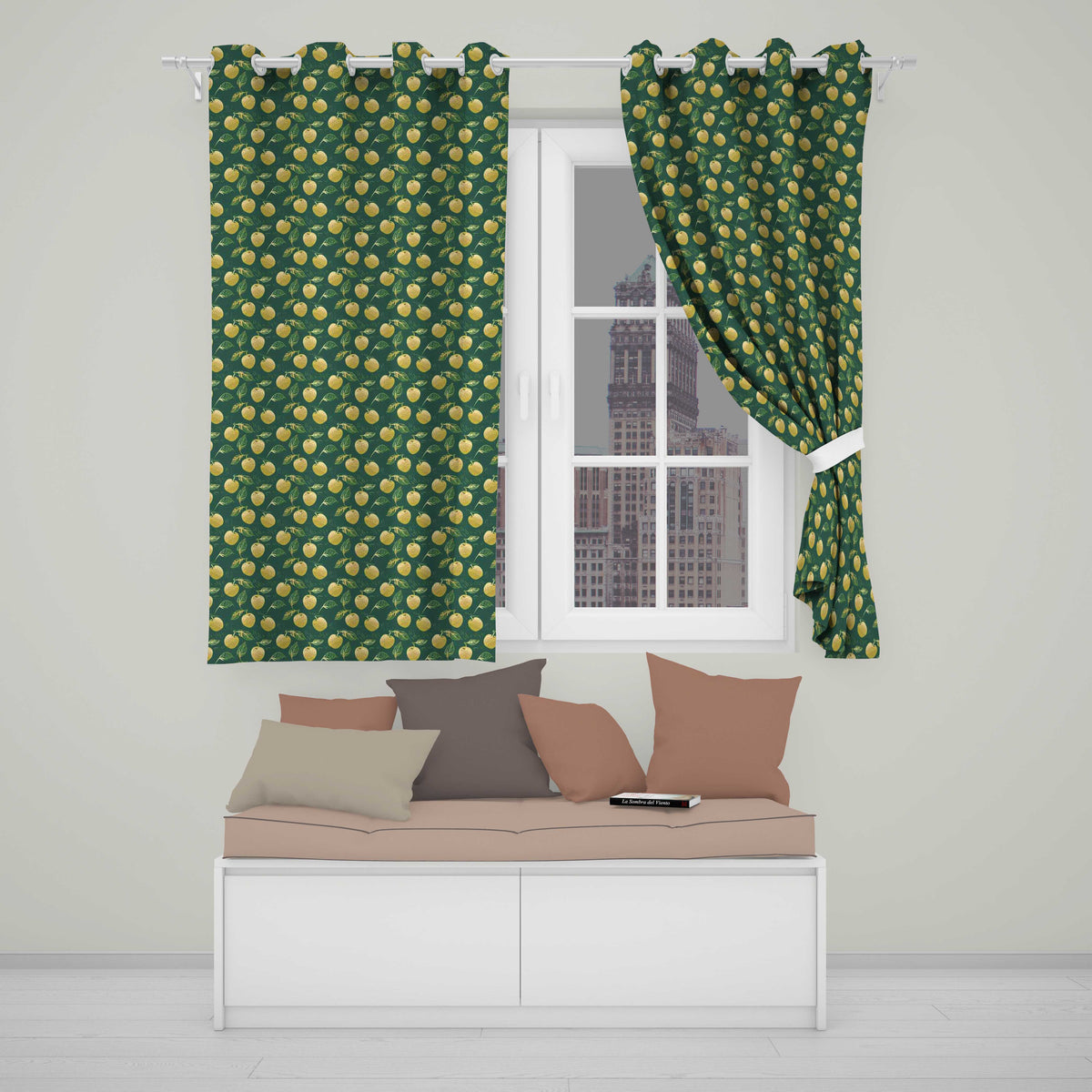 Elegant Golden Apples and Leaves on Dark Green Seamless Pattern  Readymade Eyelet Ring Top Thermal 100% Blackout Curtains