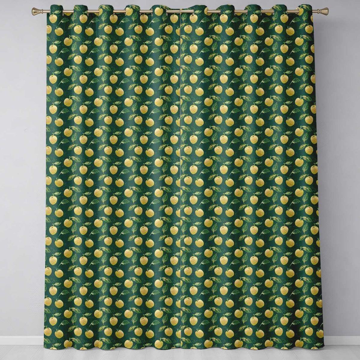 Elegant Golden Apples and Leaves on Dark Green Seamless Pattern  Readymade Eyelet Ring Top Thermal 100% Blackout Curtains