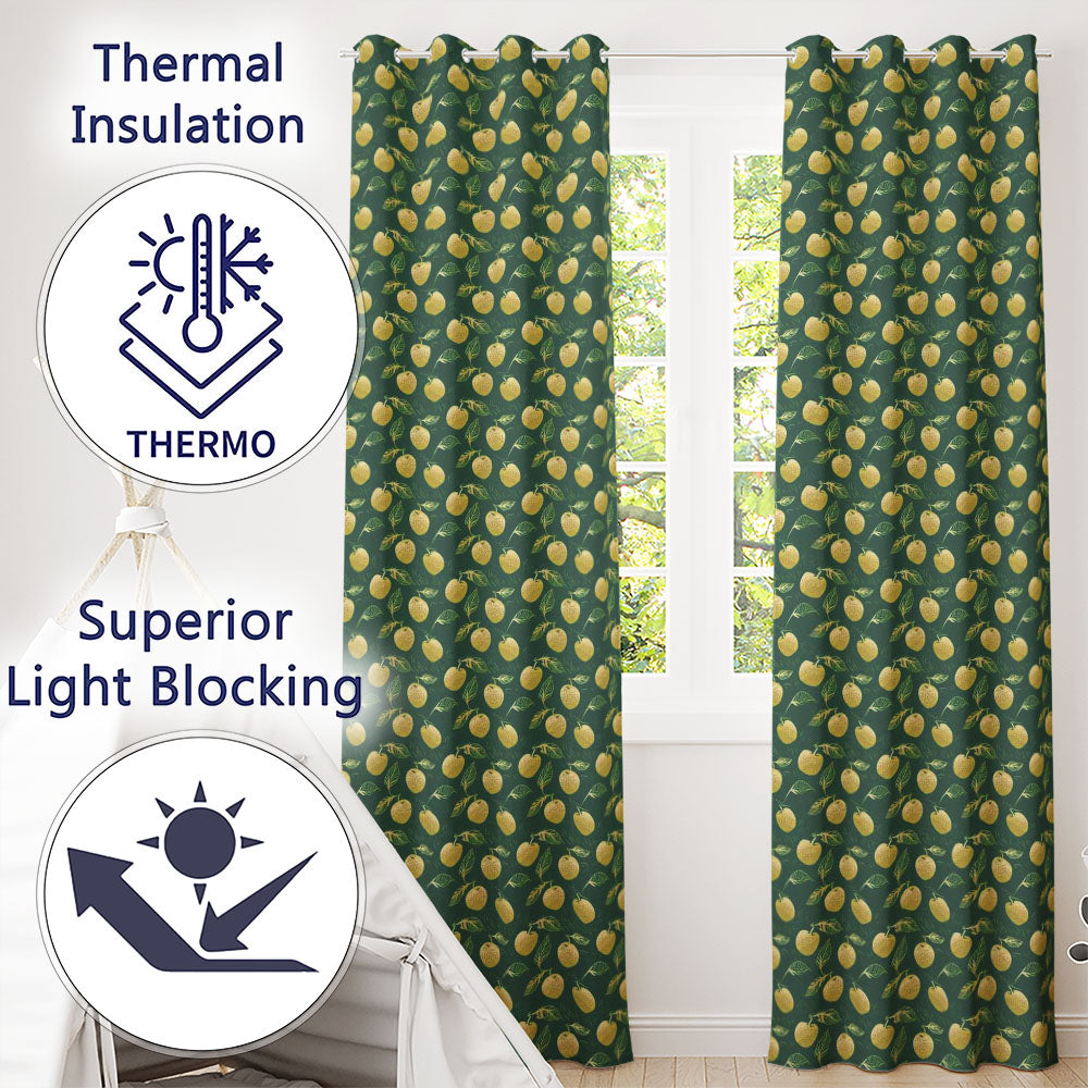 Elegant Golden Apples and Leaves on Dark Green Seamless Pattern  Readymade Eyelet Ring Top Thermal 100% Blackout Curtains