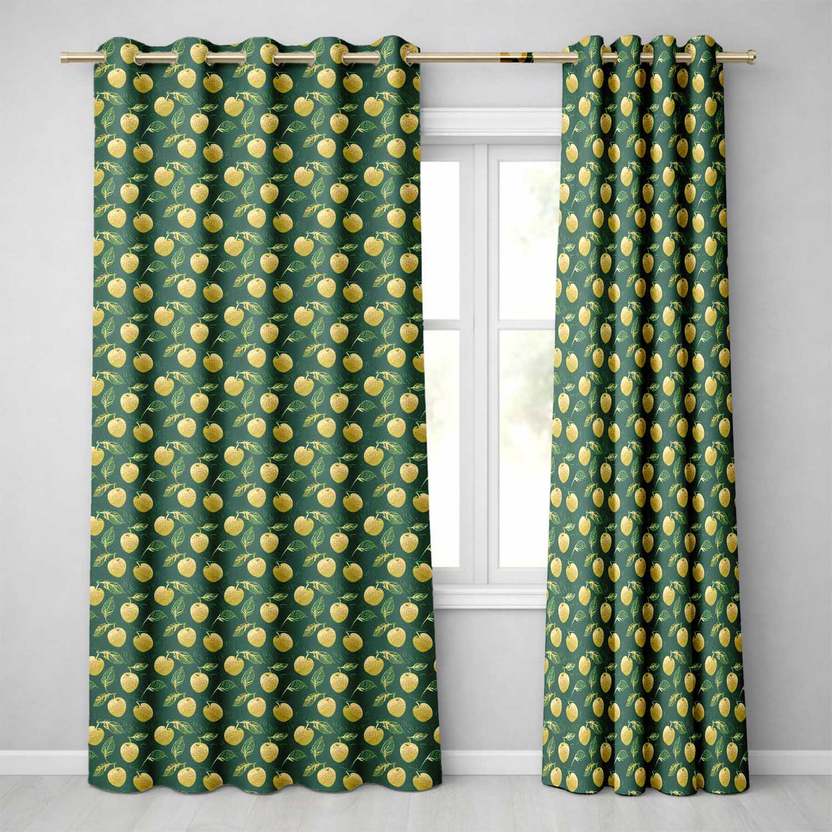 Elegant Golden Apples and Leaves on Dark Green Seamless Pattern  Readymade Eyelet Ring Top Thermal 100% Blackout Curtains