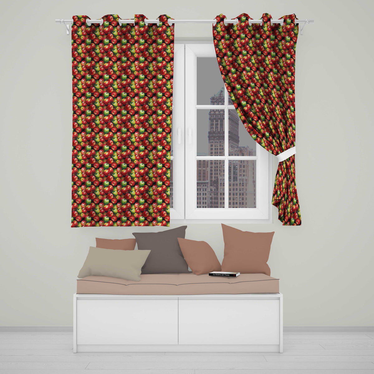 Realistic Red and Green Apples Cluster Seamless Pattern  Readymade Eyelet Ring Top Thermal 100% Blackout Curtains