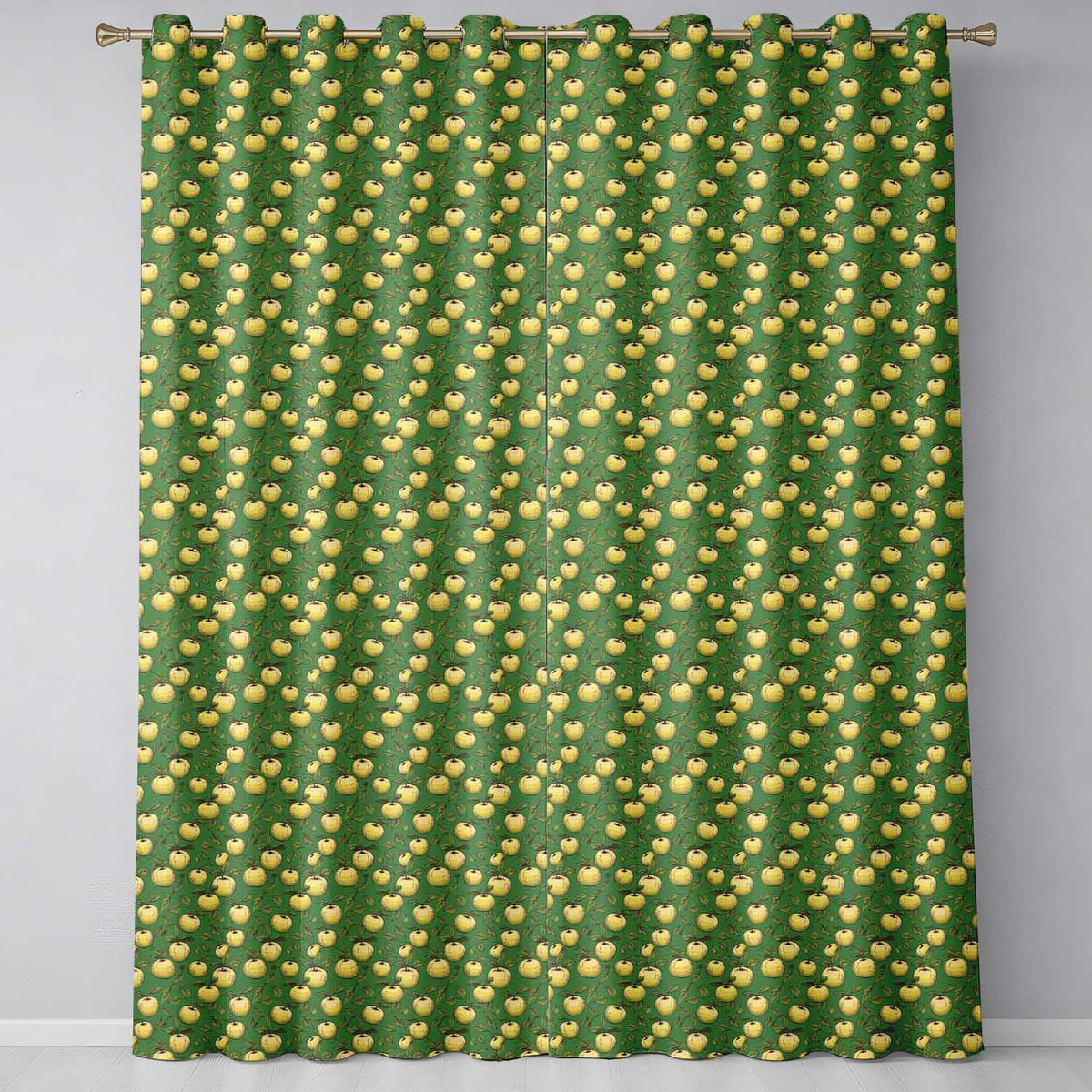 Vintage Yellow Apples with Leaves on Green Background Seamless Pattern  Readymade Eyelet Ring Top Thermal 100% Blackout Curtains