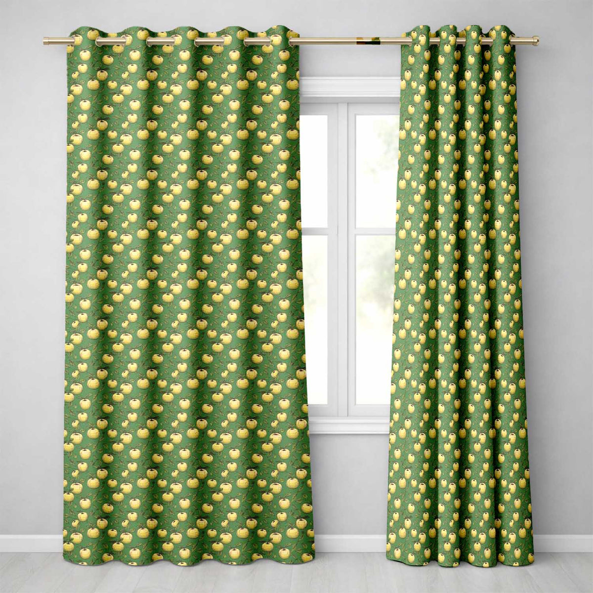 Vintage Yellow Apples with Leaves on Green Background Seamless Pattern  Readymade Eyelet Ring Top Thermal 100% Blackout Curtains