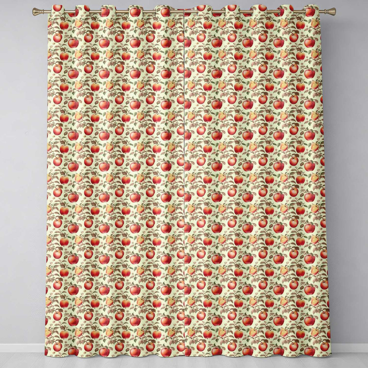 Vintage Red Apples with Detailed Leaves Botanical Seamless Pattern  Readymade Eyelet Ring Top Thermal 100% Blackout Curtains