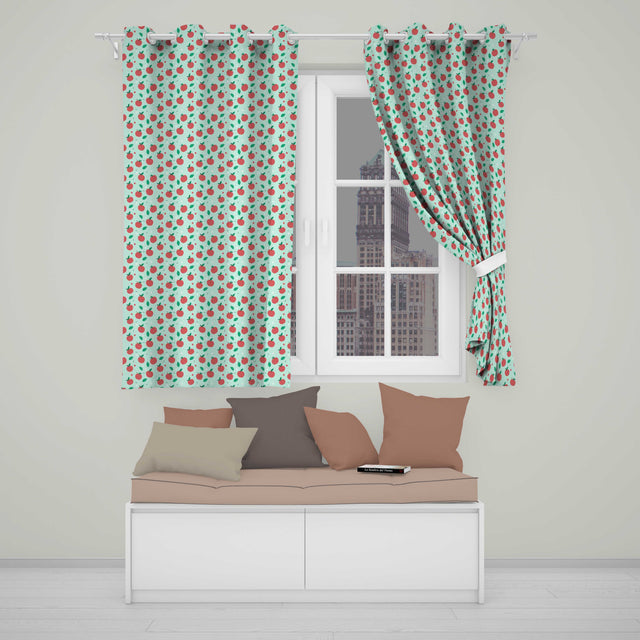 Modern Red Apples with Leaves on Mint Background Seamless Pattern  Readymade Eyelet Ring Top Thermal 100% Blackout Curtains