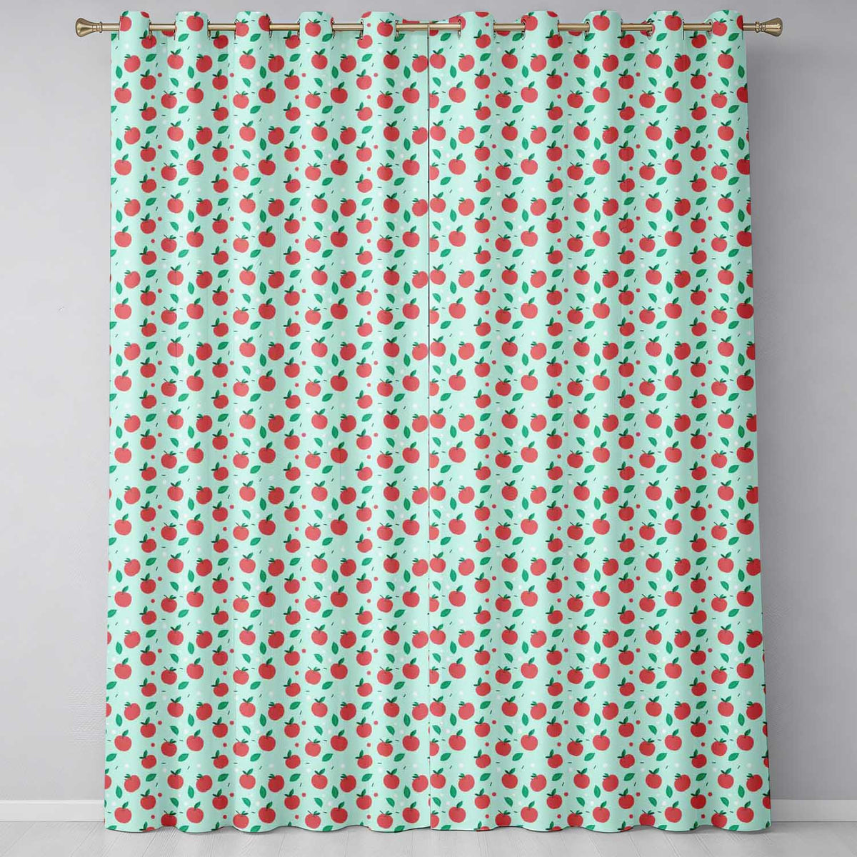 Modern Red Apples with Leaves on Mint Background Seamless Pattern  Readymade Eyelet Ring Top Thermal 100% Blackout Curtains