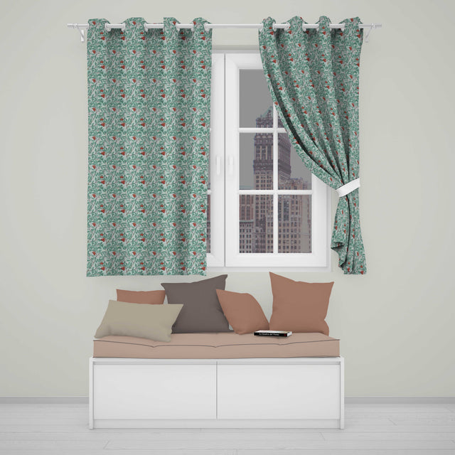 Botanical Branches with Red Berries and Leaves Seamless Pattern  Readymade Eyelet Ring Top Thermal 100% Blackout Curtains