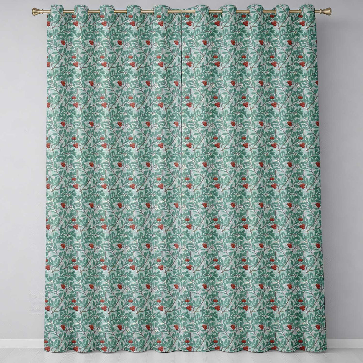 Botanical Branches with Red Berries and Leaves Seamless Pattern  Readymade Eyelet Ring Top Thermal 100% Blackout Curtains