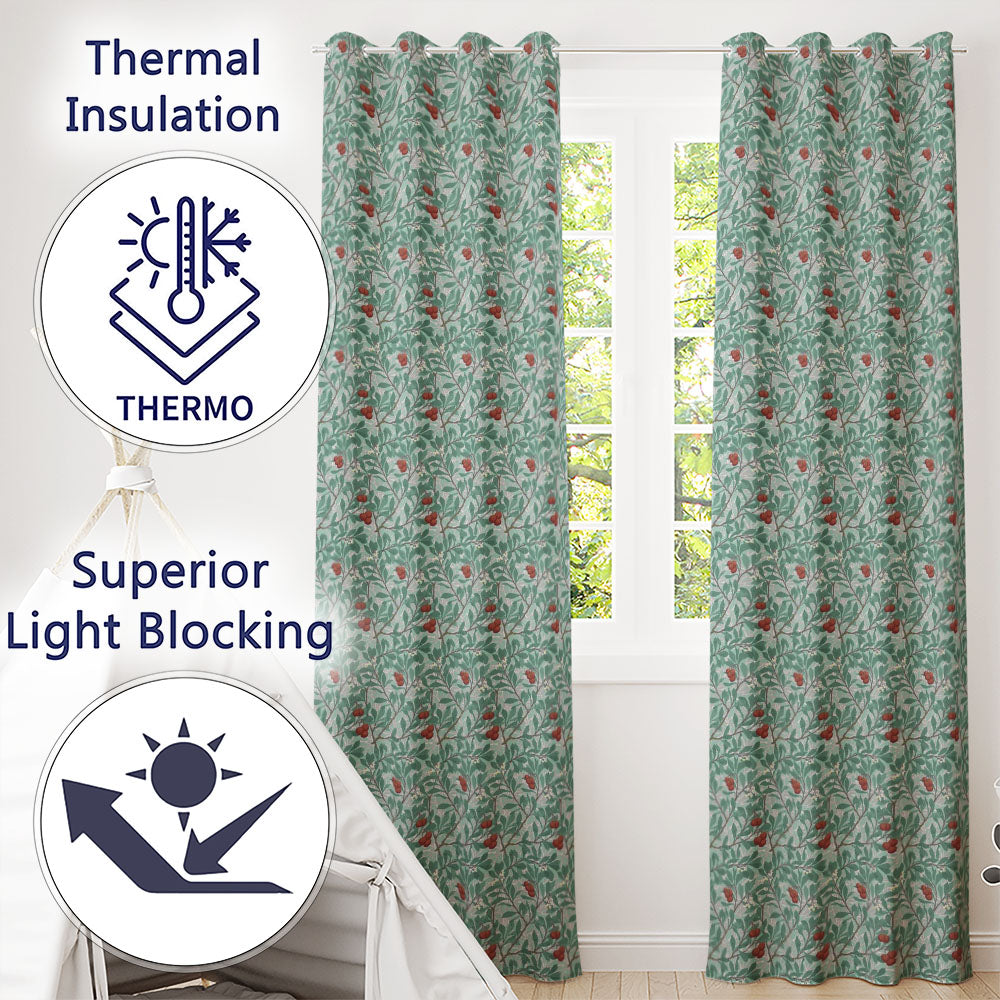 Botanical Branches with Red Berries and Leaves Seamless Pattern  Readymade Eyelet Ring Top Thermal 100% Blackout Curtains