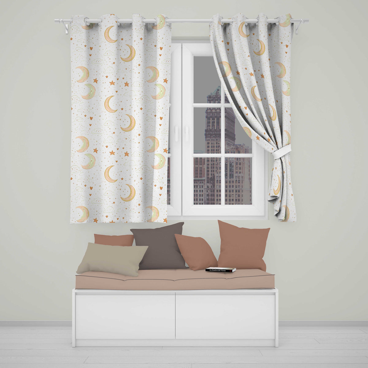 Cute Crescent Moon Stars and Clouds Neutral Seamless Pattern  Readymade Eyelet Ring Top Thermal 100% Blackout Curtains