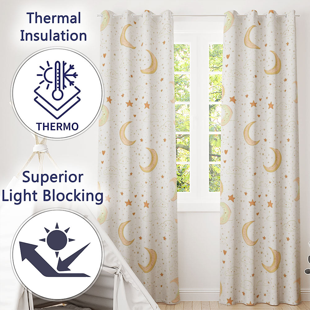 Cute Crescent Moon Stars and Clouds Neutral Seamless Pattern  Readymade Eyelet Ring Top Thermal 100% Blackout Curtains