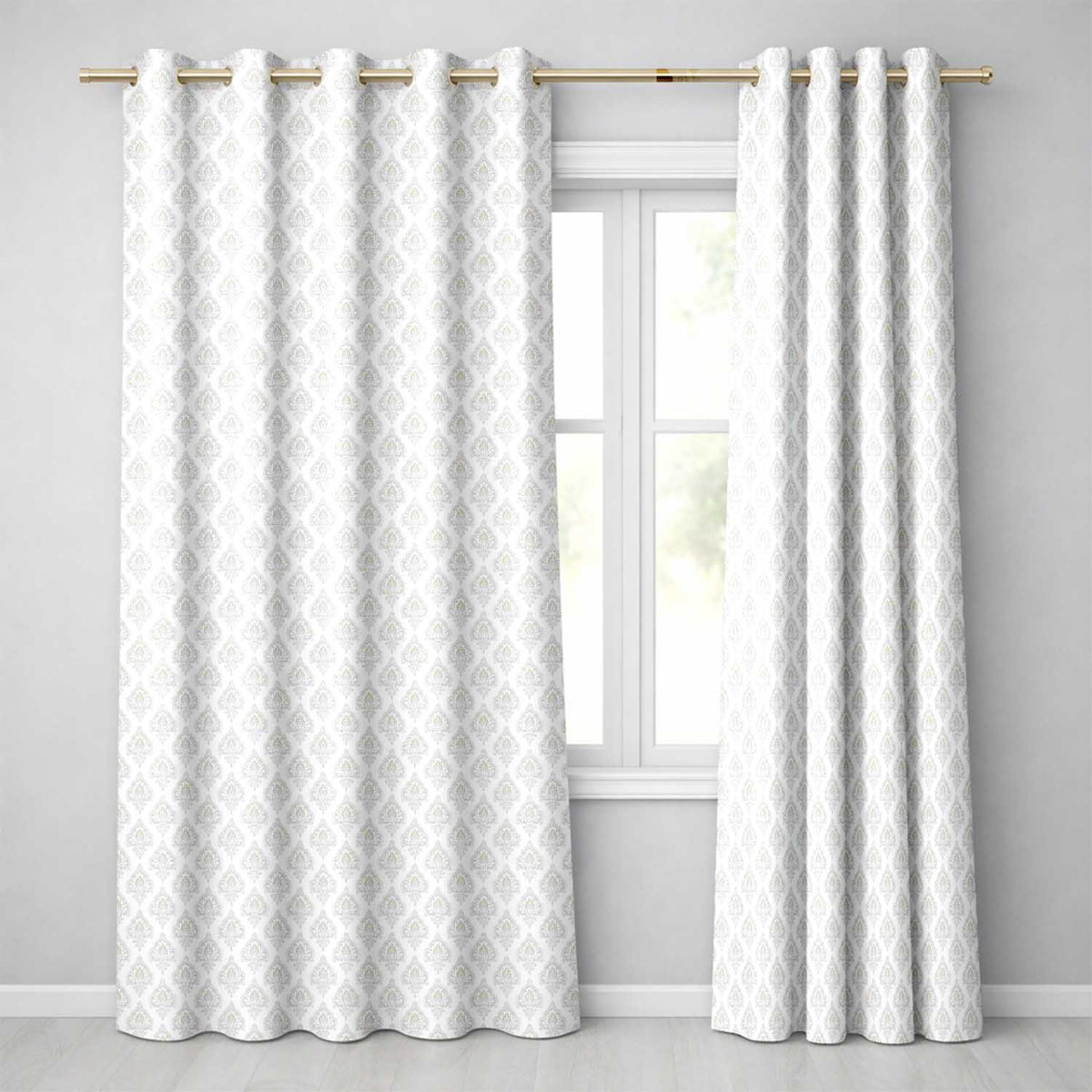 Classic Beige Ornamental Damask Motif Seamless Pattern  Readymade Eyelet Ring Top Thermal 100% Blackout Curtains