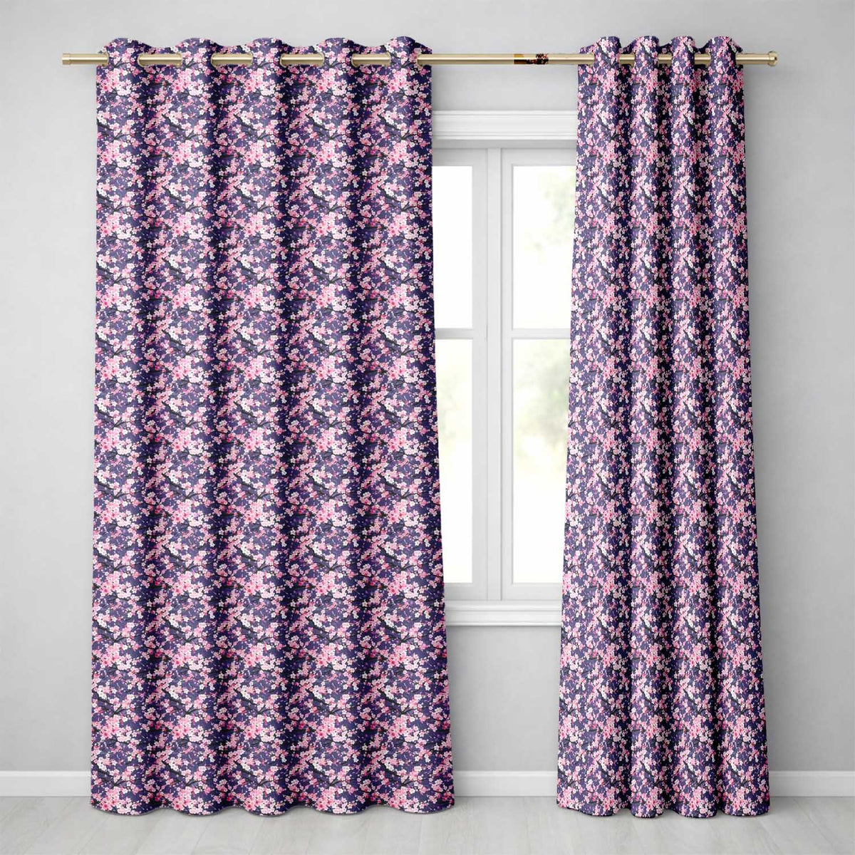 Pink Cherry Blossom Branches Purple Background Seamless Pattern  Readymade Eyelet Ring Top Thermal 100% Blackout Curtains