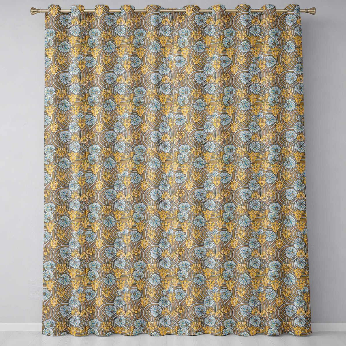 Ornate Vintage Floral Swirl Pattern with Yellow Blue Details Seamless Pattern  Readymade Eyelet Ring Top Thermal 100% Blackout Curtains