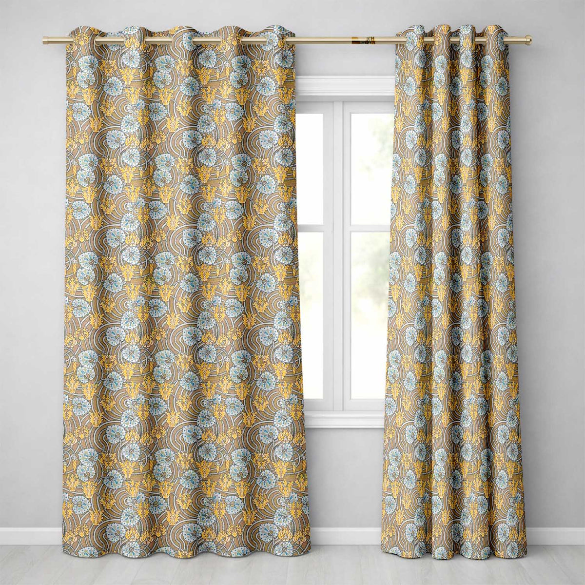 Ornate Vintage Floral Swirl Pattern with Yellow Blue Details Seamless Pattern  Readymade Eyelet Ring Top Thermal 100% Blackout Curtains