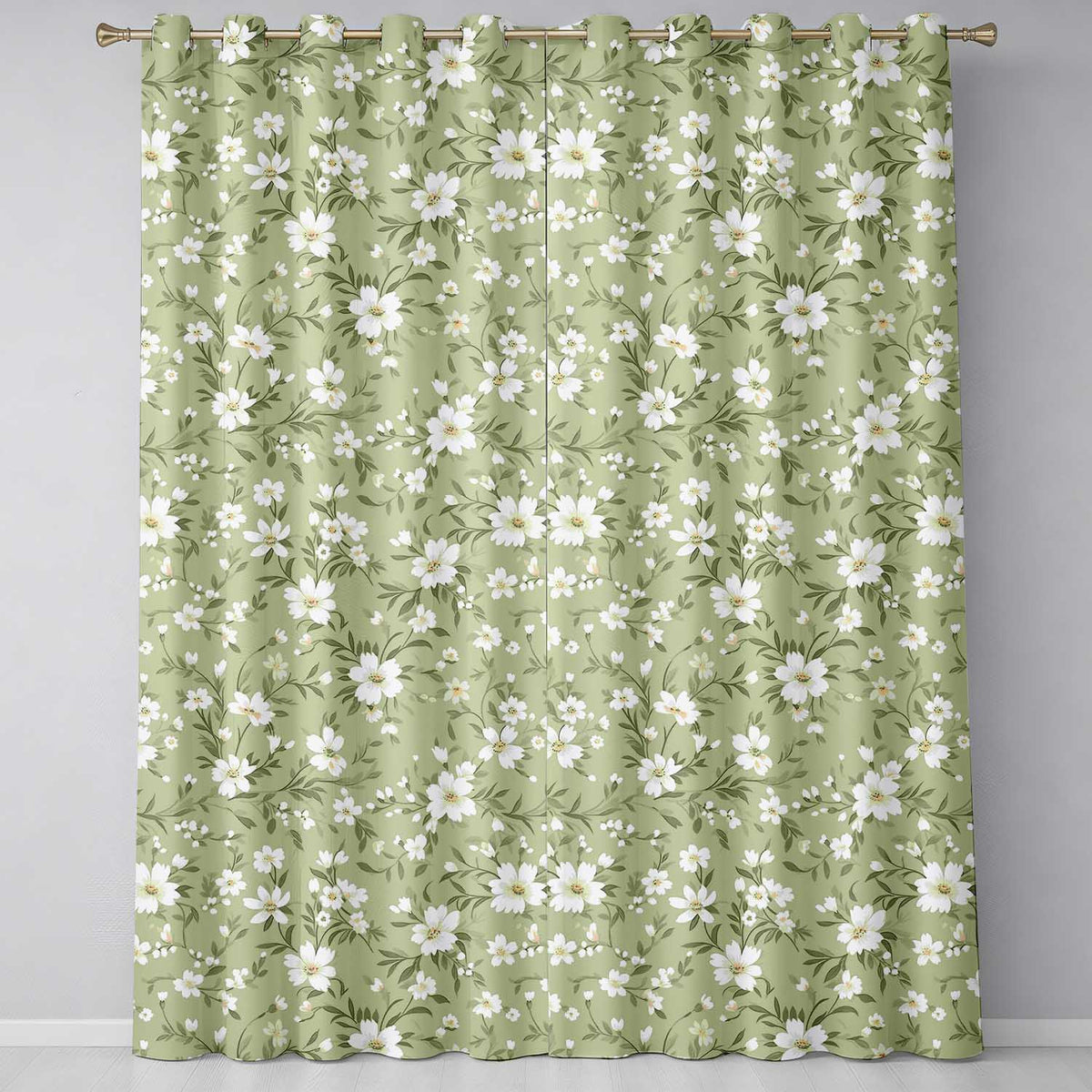 Soft White Floral Branches on Light Green Background Seamless Pattern  Readymade Eyelet Ring Top Thermal 100% Blackout Curtains