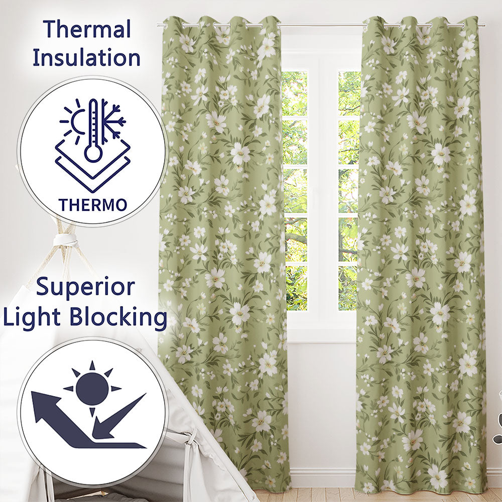 Soft White Floral Branches on Light Green Background Seamless Pattern  Readymade Eyelet Ring Top Thermal 100% Blackout Curtains