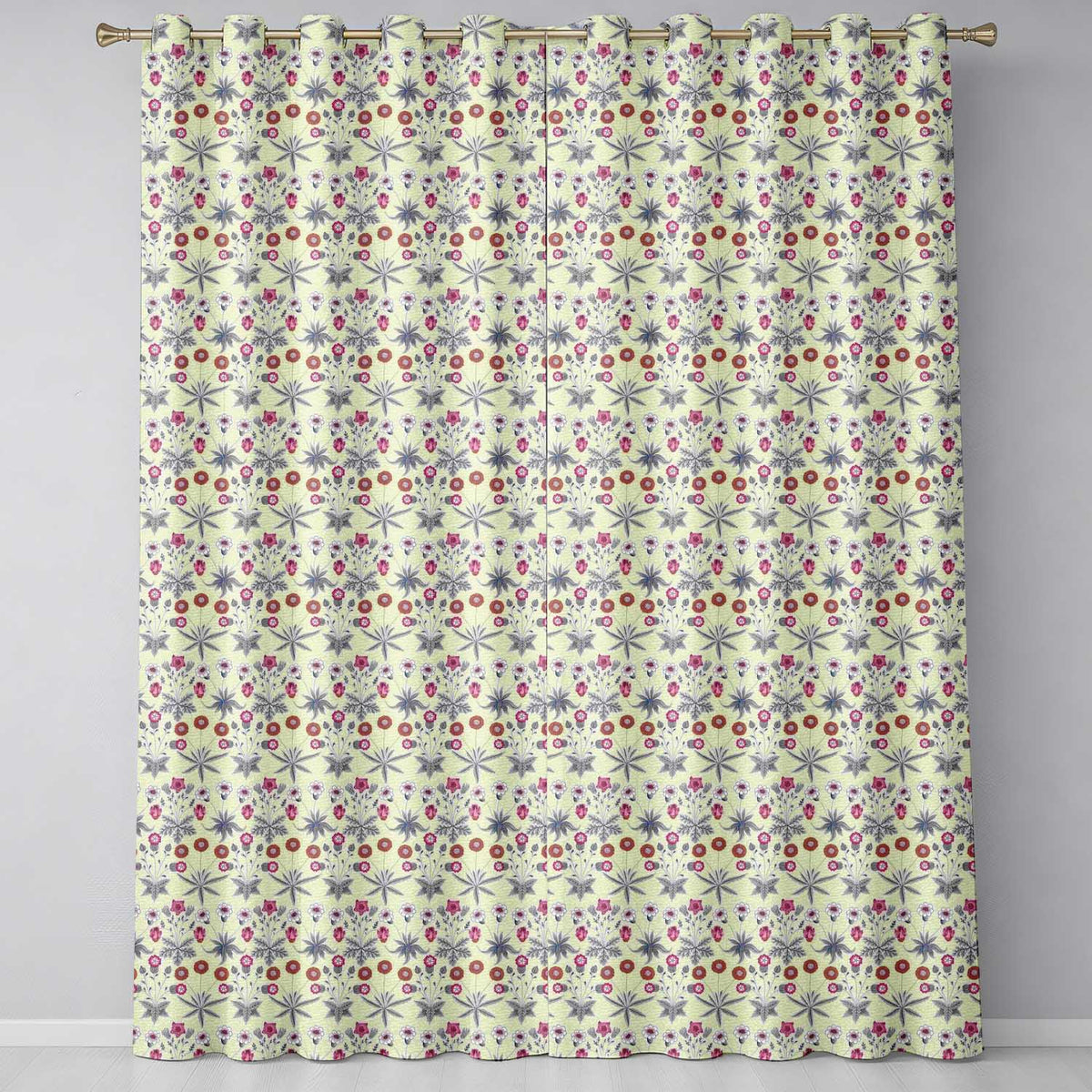 Vintage Meadow Floral with Pink Blooms and Blue Leaves Seamless Pattern  Readymade Eyelet Ring Top Thermal 100% Blackout Curtains