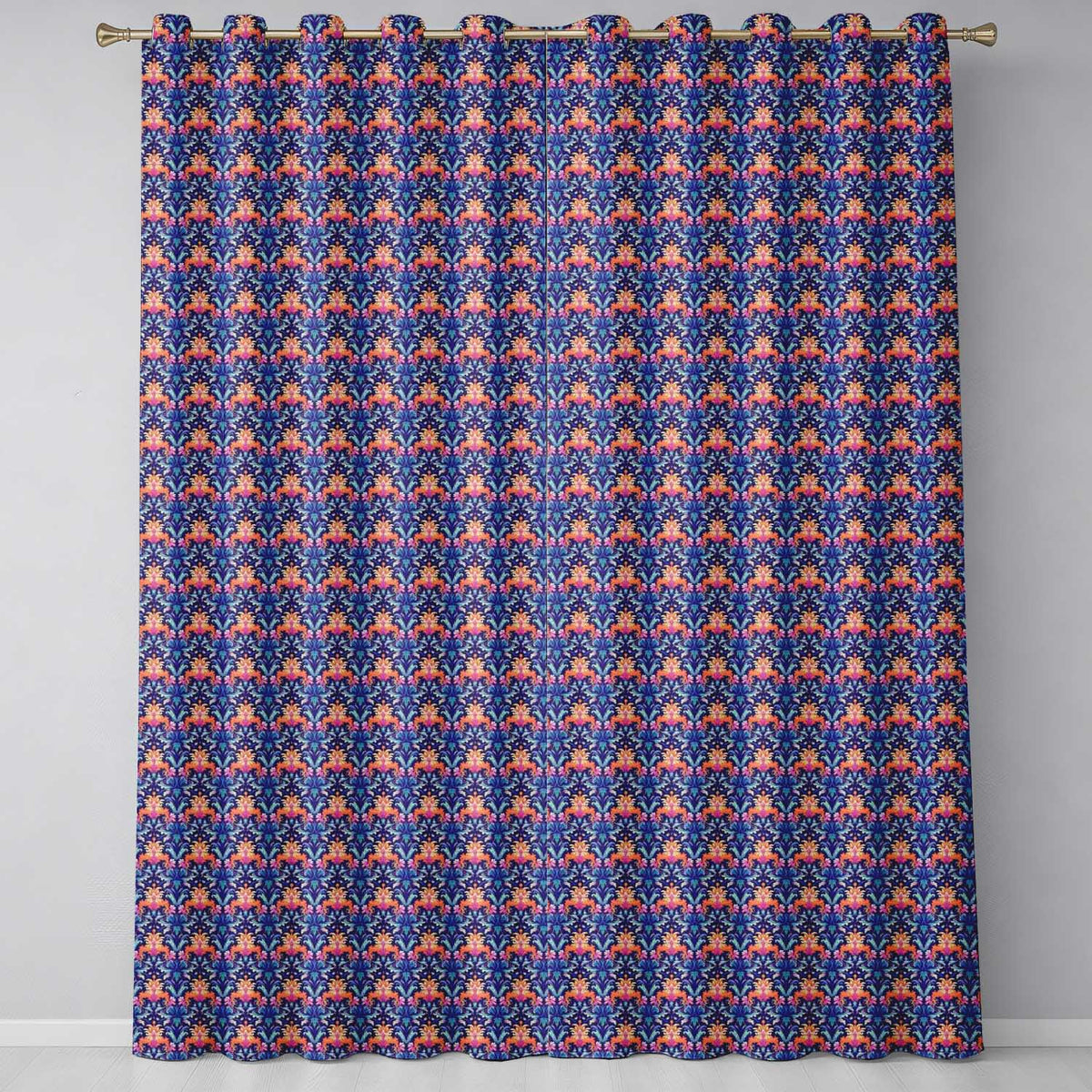 Vibrant Ornate Floral Damask with Bold Orange and Teal Seamless Pattern  Readymade Eyelet Ring Top Thermal 100% Blackout Curtains