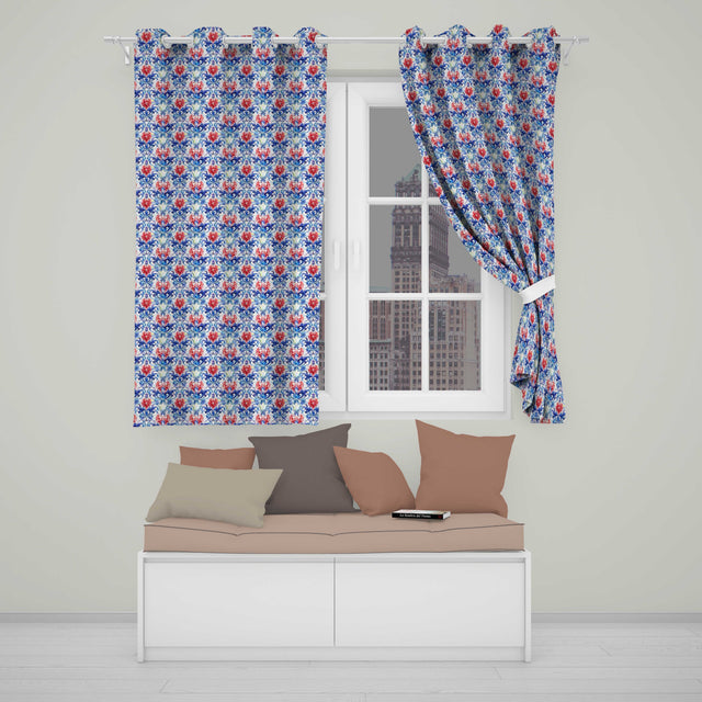 Elegant Blue and Red Watercolor Floral Damask Seamless Pattern  Readymade Eyelet Ring Top Thermal 100% Blackout Curtains