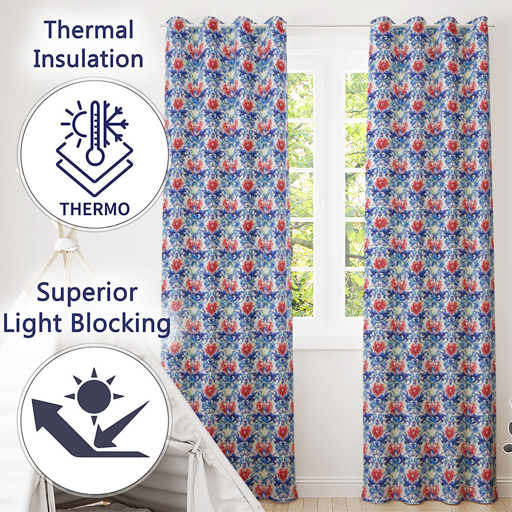 Elegant Blue and Red Watercolor Floral Damask Seamless Pattern  Readymade Eyelet Ring Top Thermal 100% Blackout Curtains