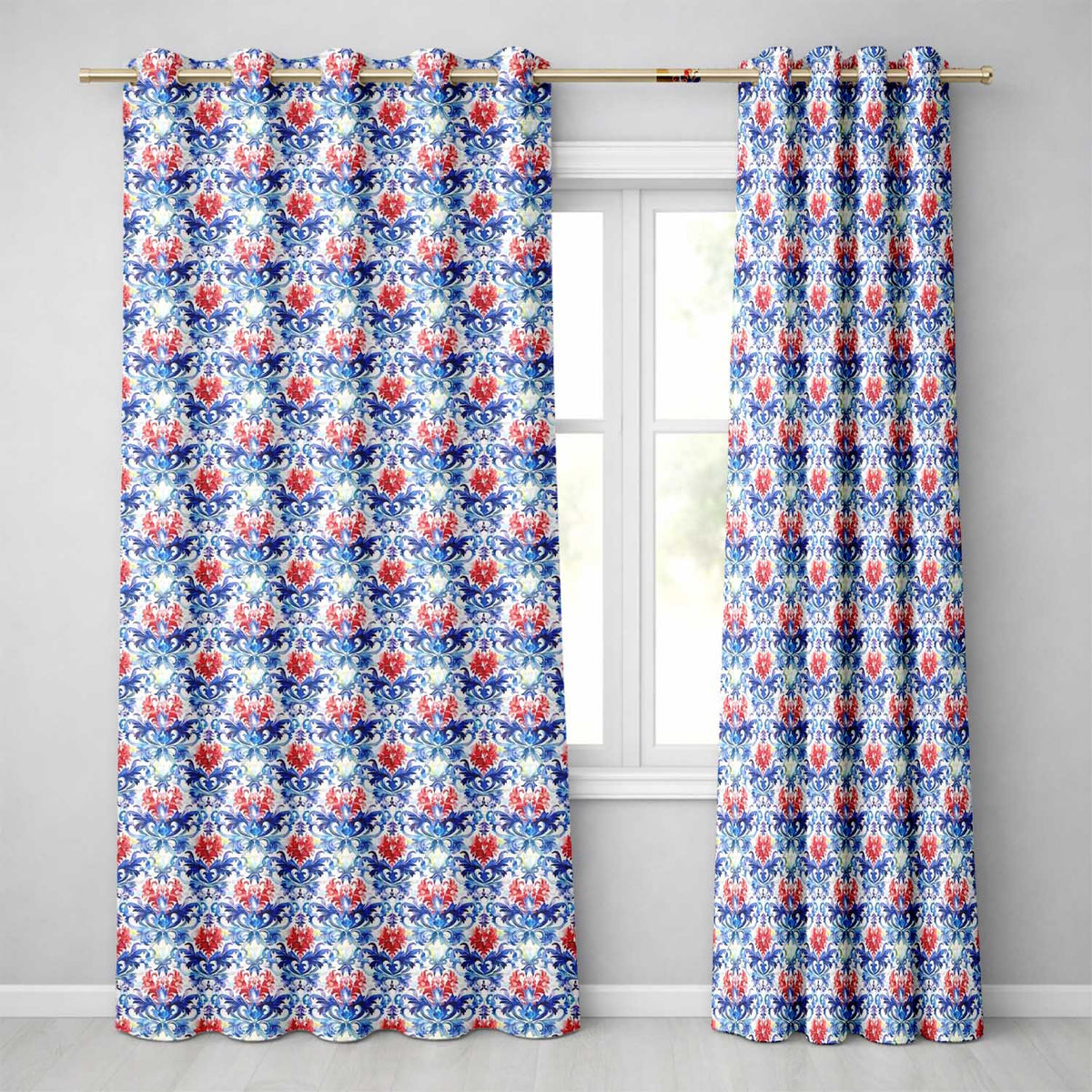 Elegant Blue and Red Watercolor Floral Damask Seamless Pattern  Readymade Eyelet Ring Top Thermal 100% Blackout Curtains