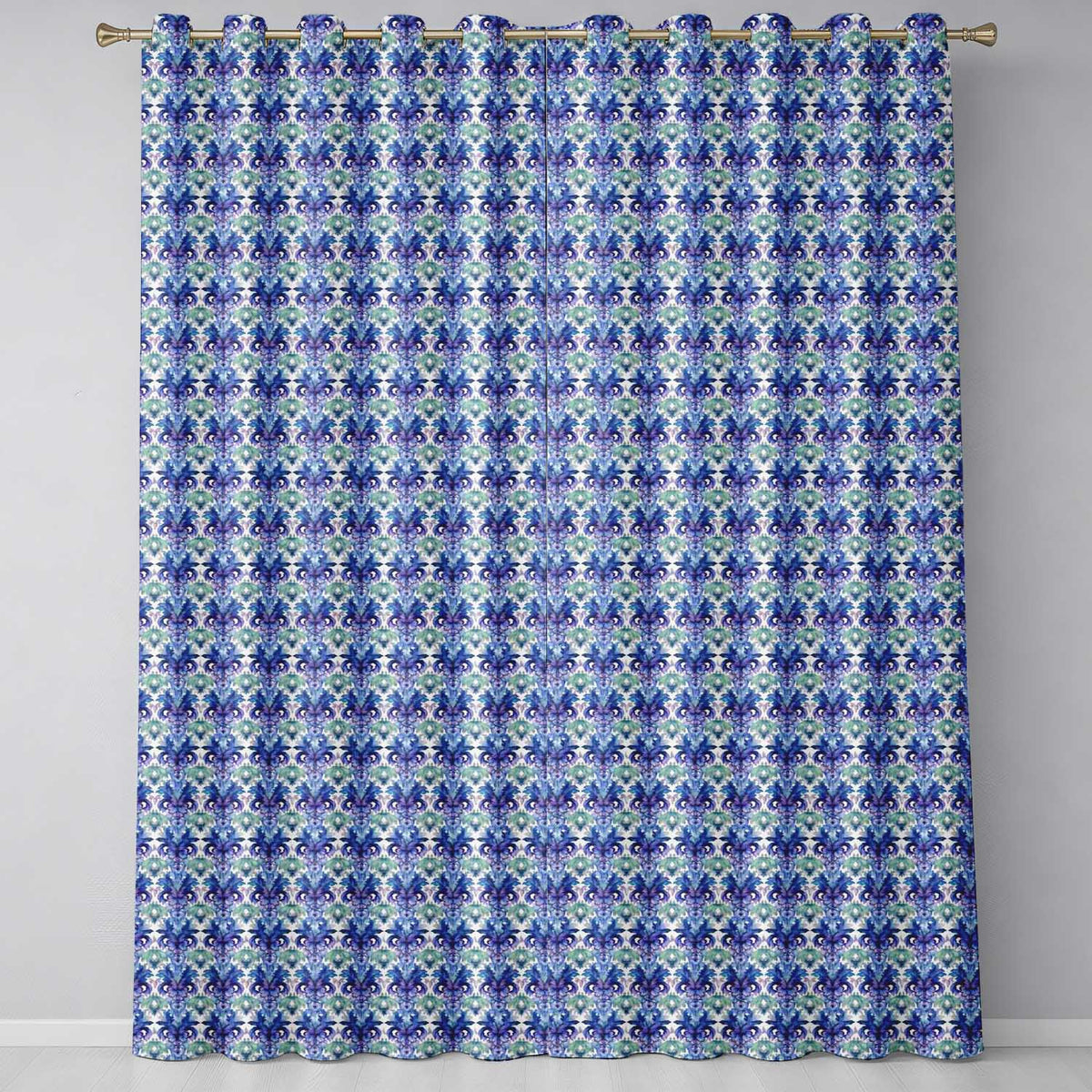 Cool Blue and Teal Watercolor Floral Ornamental Seamless Pattern  Readymade Eyelet Ring Top Thermal 100% Blackout Curtains